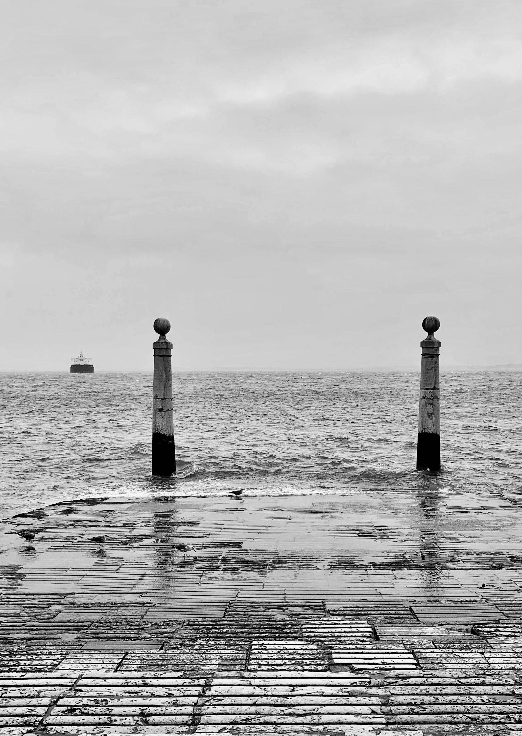 Black and white image of a pier with two poles and a distant ship on a calm ocean.