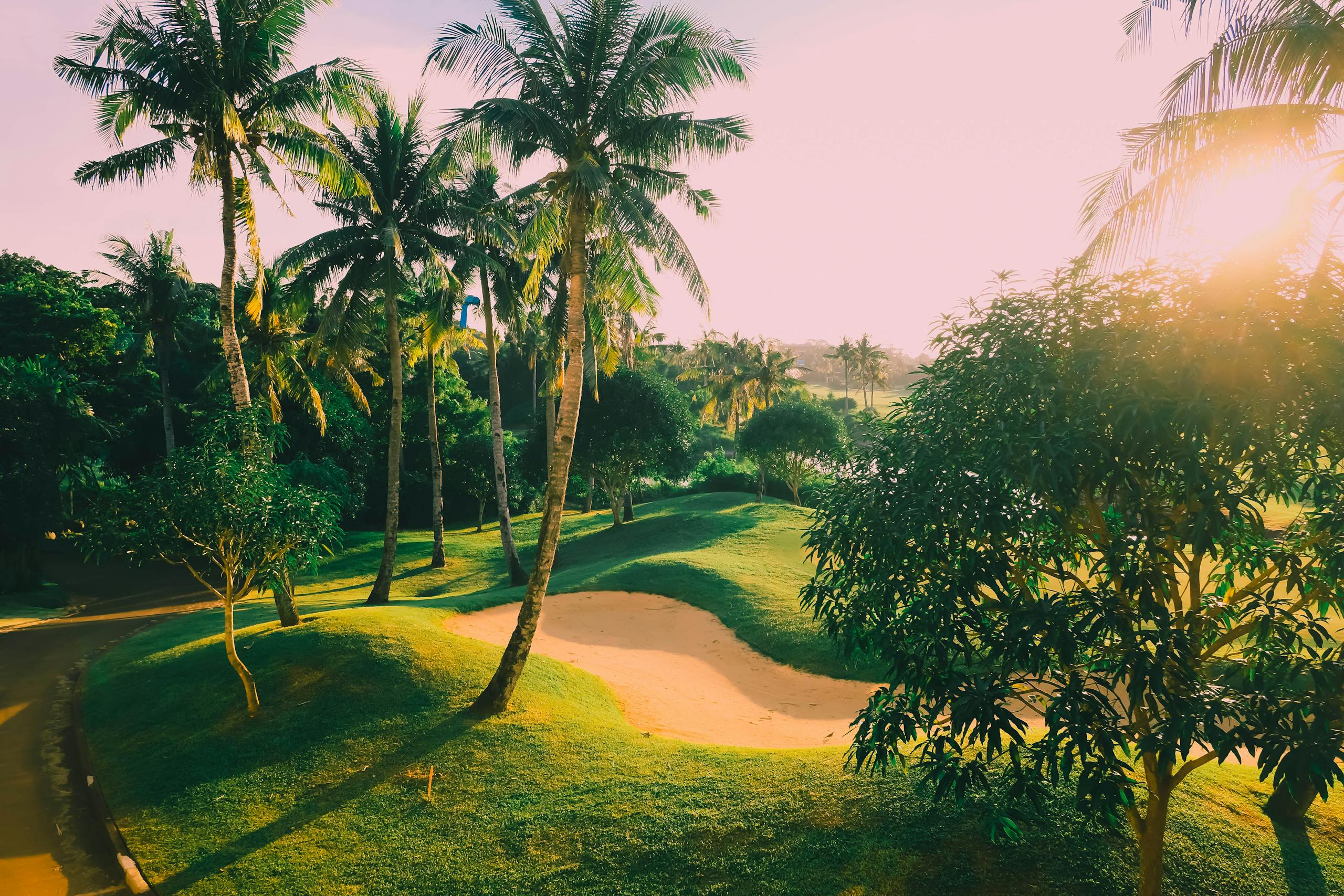 Scenic golf course with palm trees and sand bunkers under the warm tropical sun.
